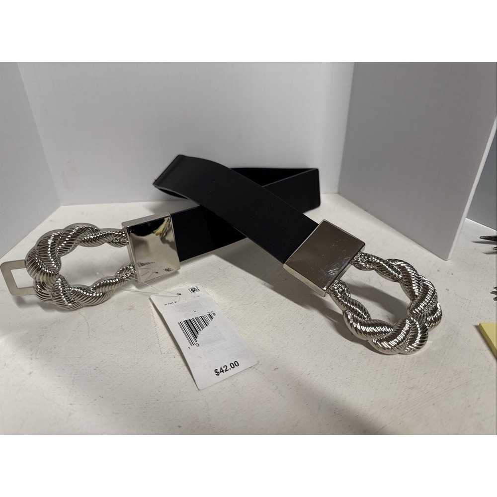 Blk Elastic‎ Waist Belt W/Lg Decorative Silver Toned Buckle